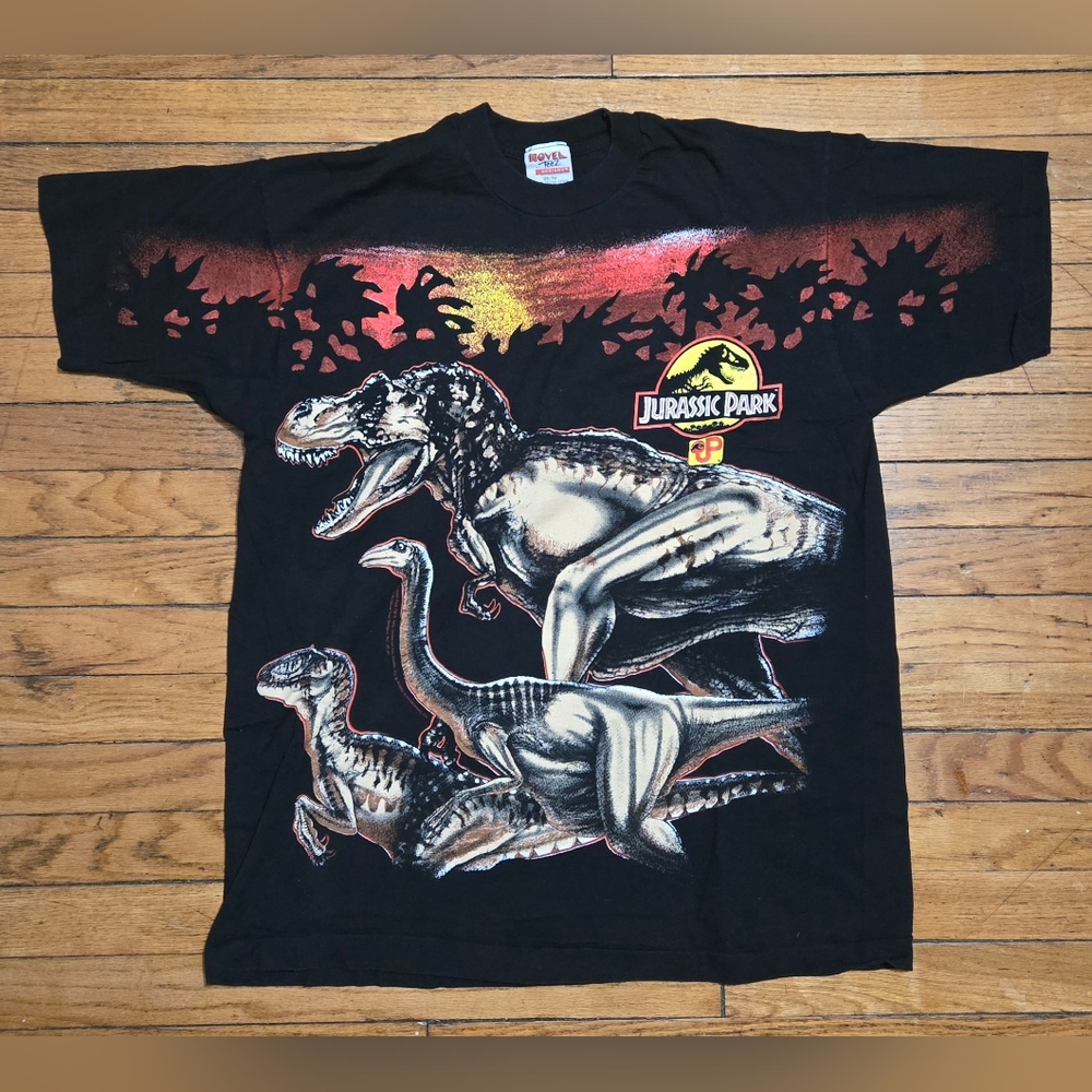 Vtg 1993 Novelteez L Jurassic Park AOP Single Stitch T Shirt